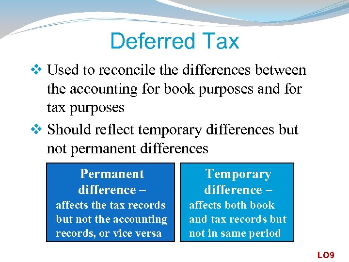 Deferred Tax v Used to reconcile the differences between the accounting for book purposes