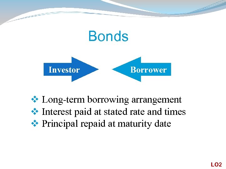 Bonds Investor Borrower v Long-term borrowing arrangement v Interest paid at stated rate and