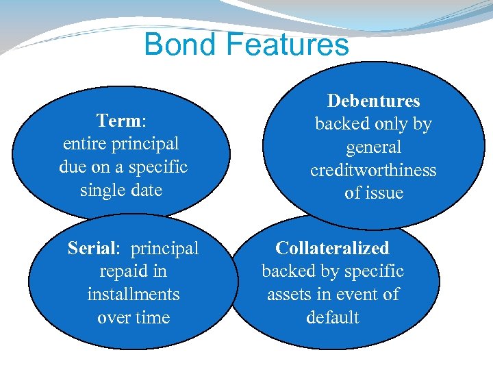 Bond Features Term: entire principal due on a specific single date Serial: principal repaid