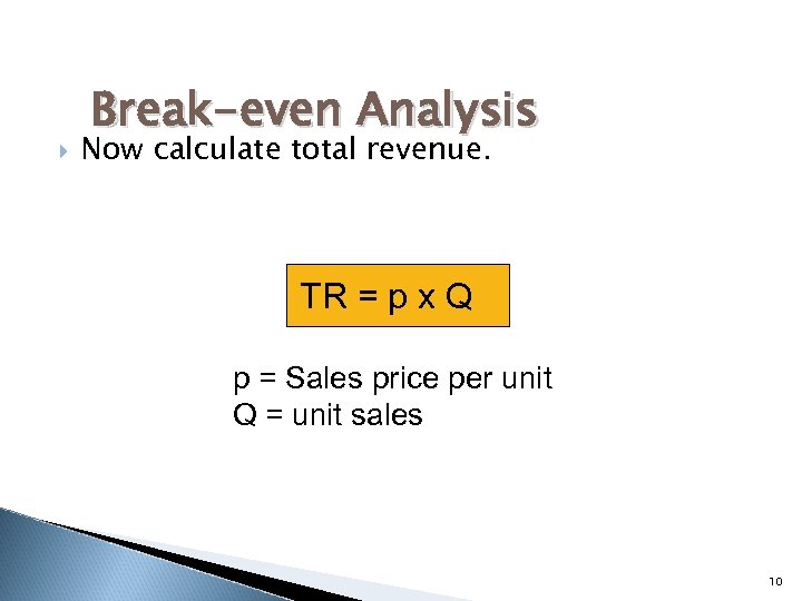  Break-even Analysis Now calculate total revenue. TR = p x Q p =