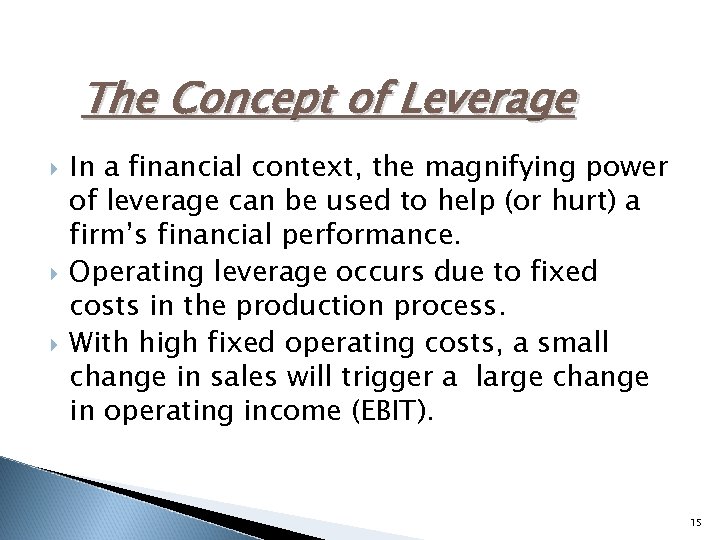 The Concept of Leverage In a financial context, the magnifying power of leverage can