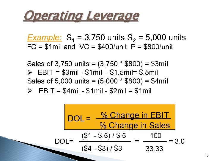 Operating Leverage Example: S 1 = 3, 750 units S 2 = 5, 000