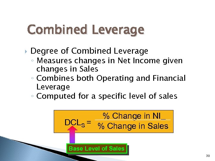 Combined Leverage Degree of Combined Leverage ◦ Measures changes in Net Income given changes