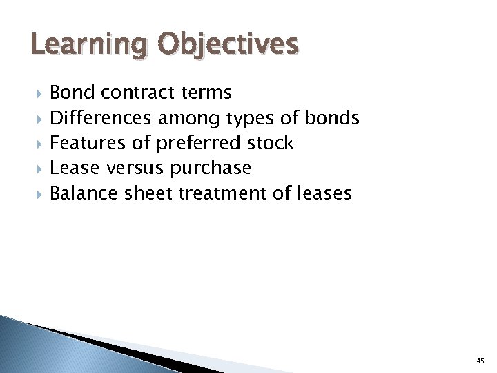 Learning Objectives Bond contract terms Differences among types of bonds Features of preferred stock