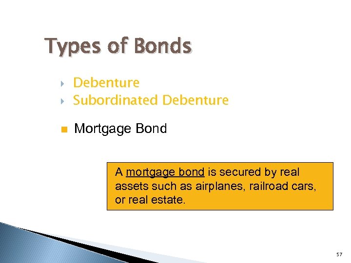 Types of Bonds Debenture Subordinated Debenture n Mortgage Bond A mortgage bond is secured