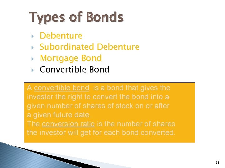 Types of Bonds Debenture Subordinated Debenture Mortgage Bond Convertible Bond A convertible bond is