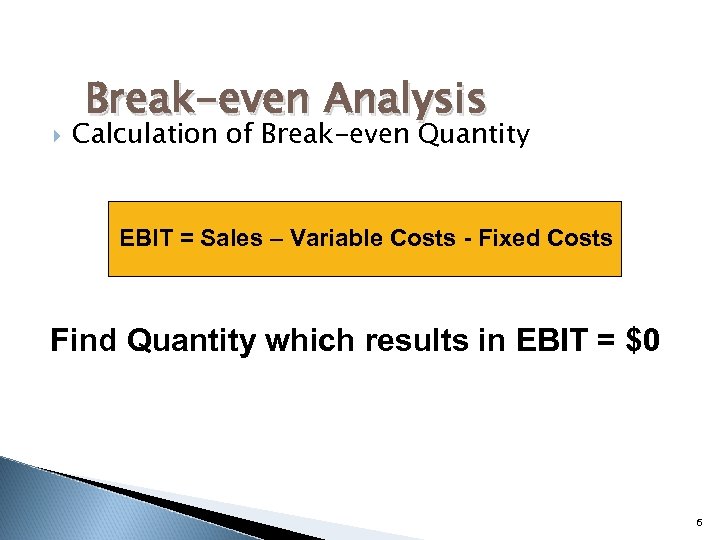  Break-even Analysis Calculation of Break-even Quantity EBIT = Sales – Variable Costs -