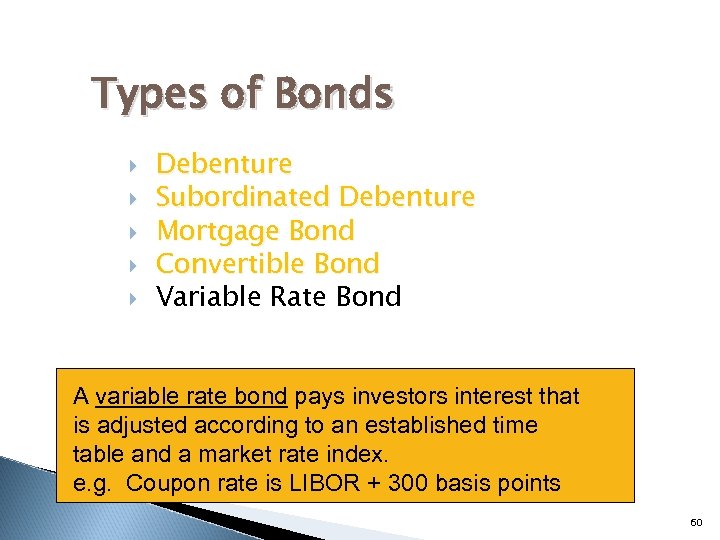 Types of Bonds Debenture Subordinated Debenture Mortgage Bond Convertible Bond Variable Rate Bond A