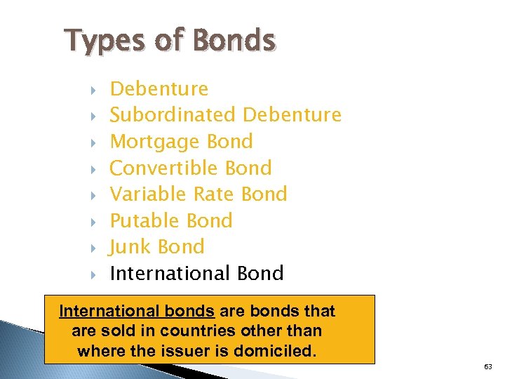 Types of Bonds Debenture Subordinated Debenture Mortgage Bond Convertible Bond Variable Rate Bond Putable