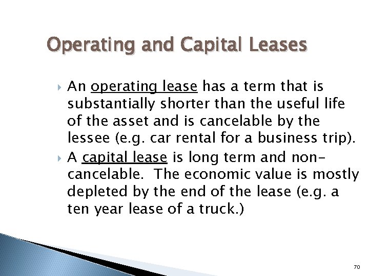 Operating and Capital Leases An operating lease has a term that is substantially shorter