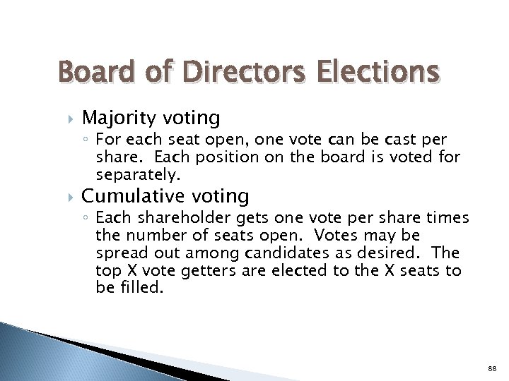 Board of Directors Elections Majority voting ◦ For each seat open, one vote can