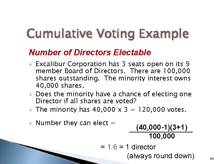 Cumulative Voting Example Number of Directors Electable Excalibur Corporation has 3 seats open on