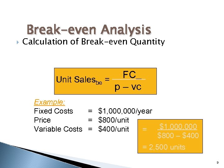  Break-even Analysis Calculation of Break-even Quantity FC Unit Salesbe = p – vc