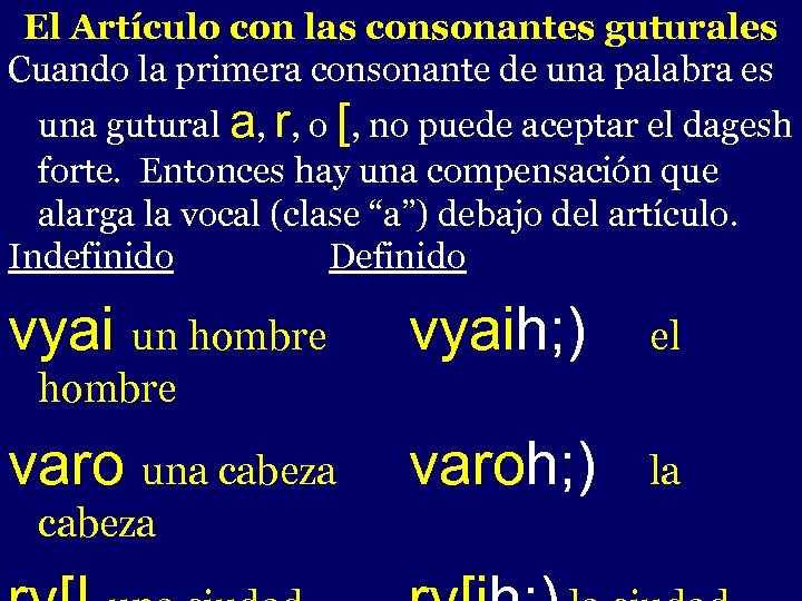 El Artículo con las consonantes guturales Cuando la primera consonante de una palabra es