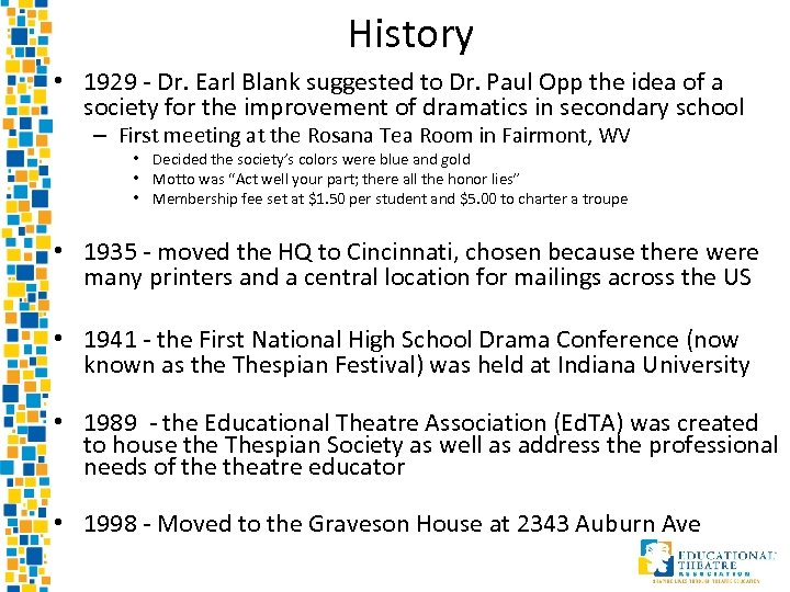 History • 1929 - Dr. Earl Blank suggested to Dr. Paul Opp the idea