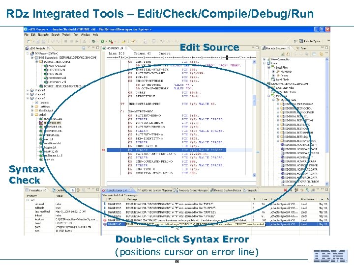 RDz Integrated Tools – Edit/Check/Compile/Debug/Run Edit Source Syntax Check Double-click Syntax Error (positions cursor