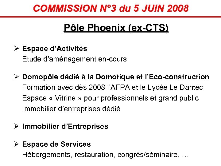 COMMISSION N° 3 du 5 JUIN 2008 Pôle Phoenix (ex-CTS) Ø Espace d’Activités Etude