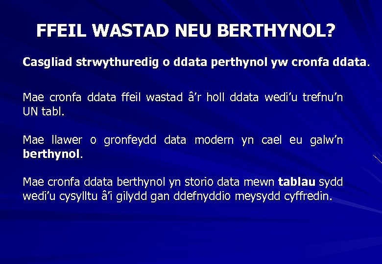 FFEIL WASTAD NEU BERTHYNOL? Casgliad strwythuredig o ddata perthynol yw cronfa ddata. Mae cronfa