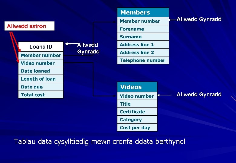 Allwedd Gynradd Allwedd estron Loans ID Allwedd Gynradd Tablau data cysylltiedig mewn cronfa ddata