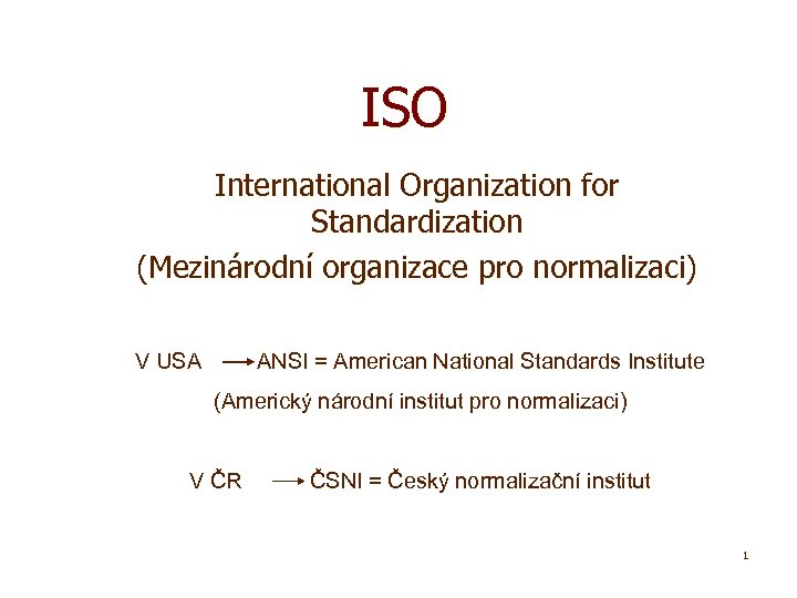 ISO International Organization for Standardization (Mezinárodní organizace pro normalizaci) V USA ANSI = American