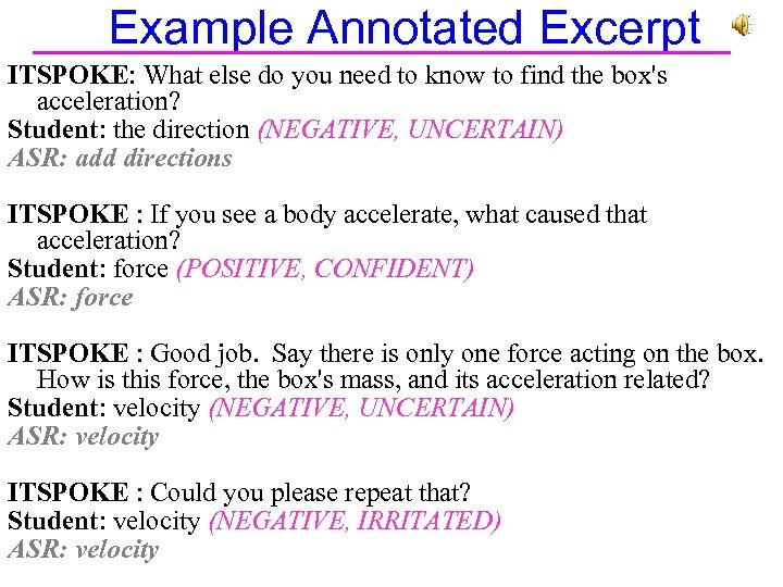 Example Annotated Excerpt ITSPOKE: What else do you need to know to find the