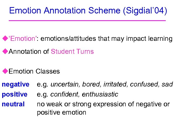 Emotion Annotation Scheme (Sigdial’ 04) u‘Emotion’: emotions/attitudes that may impact learning u. Annotation of