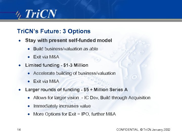 Tri. CN’s Future: 3 Options · Stay with present self-funded model · Build business/valuation