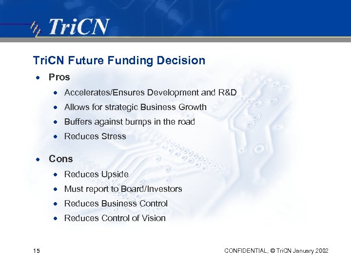 Tri. CN Future Funding Decision · Pros · Accelerates/Ensures Development and R&D · Allows