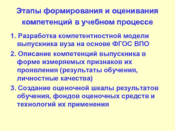 Этапы формирования и оценивания компетенций в учебном процессе 1. Разработка компетентностной модели выпускника вуза