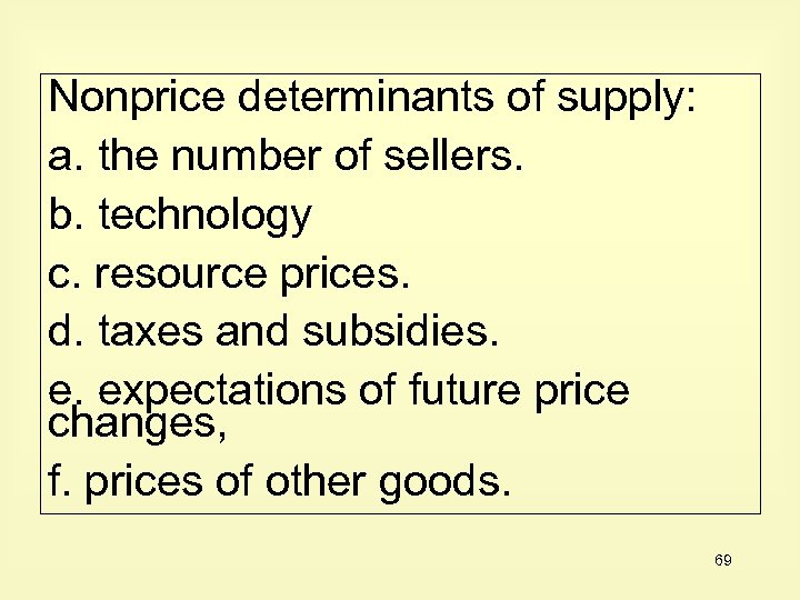 Nonprice determinants of supply: a. the number of sellers. b. technology c. resource prices.