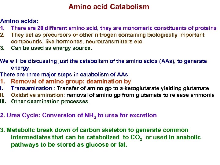 Amino acid Catabolism Amino acids: 1. 2. 3. There are 20 different amino acid,