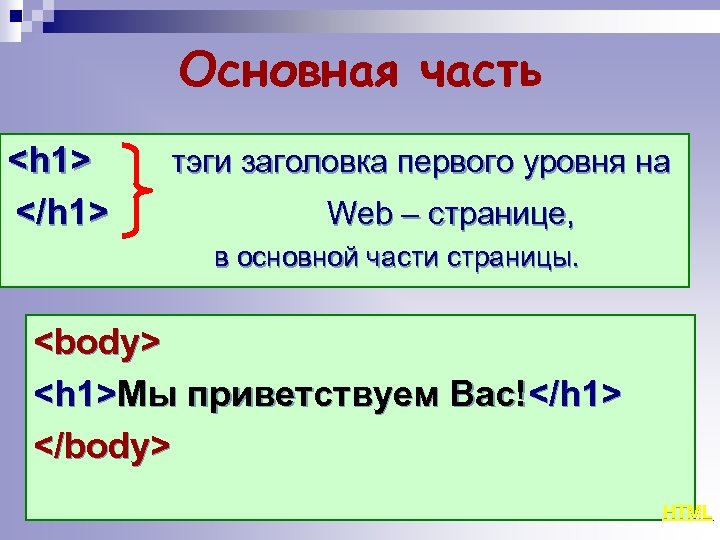 Основная часть <h 1> </h 1> тэги заголовка первого уровня на Web – странице,