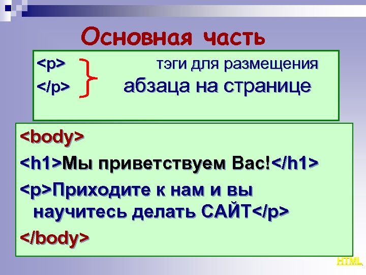 Основная часть <p> </p> тэги для размещения абзаца на странице <body> <h 1>Мы приветствуем
