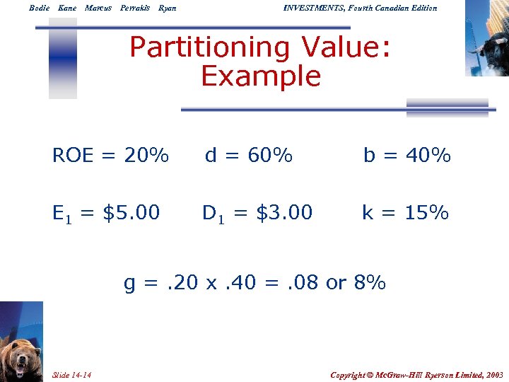 Bodie Kane Marcus Perrakis Ryan INVESTMENTS, Fourth Canadian Edition Partitioning Value: Example ROE =