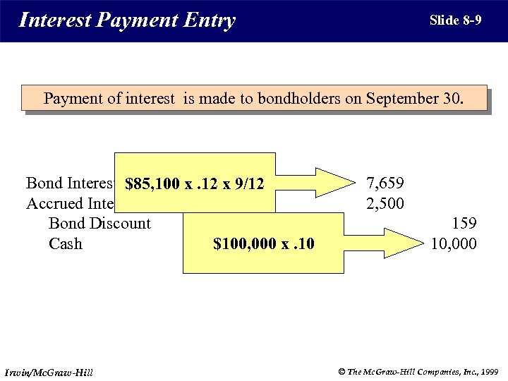 Interest Payment Entry Slide 8 -9 Payment of interest is made to bondholders on