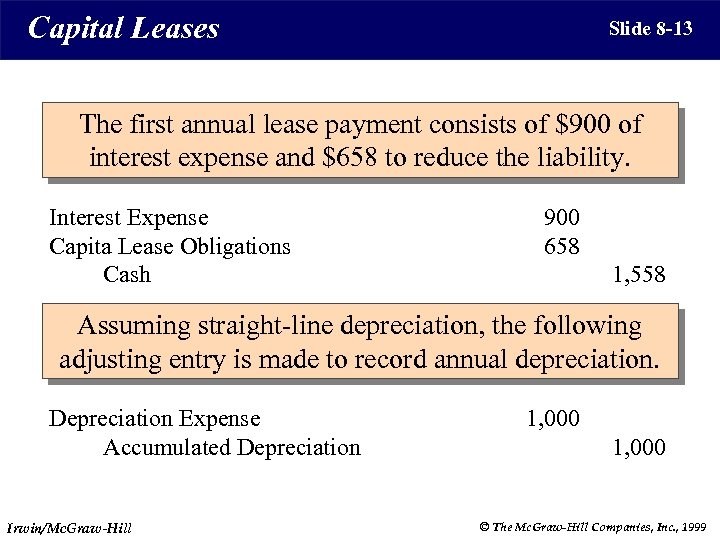 Capital Leases Slide 8 -13 The first annual lease payment consists of $900 of