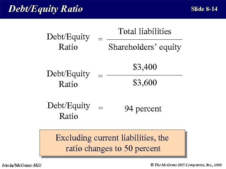 Debt/Equity Ratio Slide 8 -14 Total liabilities Debt/Equity = Shareholders’ equity Ratio Debt/Equity =