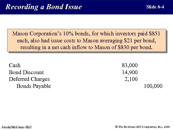 Recording a Bond Issue Slide 8 -4 Mason Corporation’s 10% bonds, for which investors