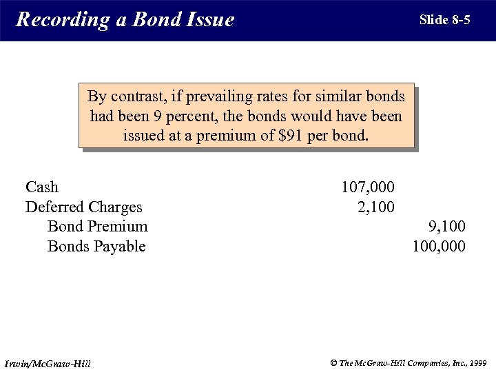 Recording a Bond Issue Slide 8 -5 By contrast, if prevailing rates for similar