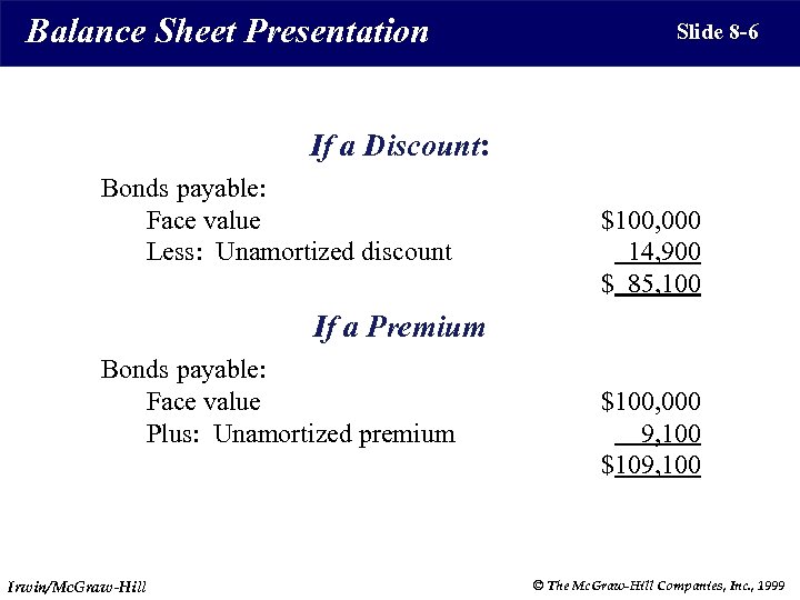 Balance Sheet Presentation Slide 8 -6 If a Discount: Bonds payable: Face value Less: