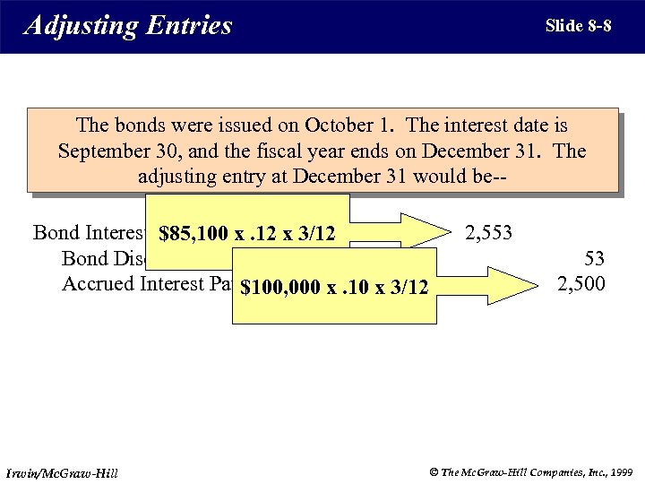 Adjusting Entries Slide 8 -8 The bonds were issued on October 1. The interest