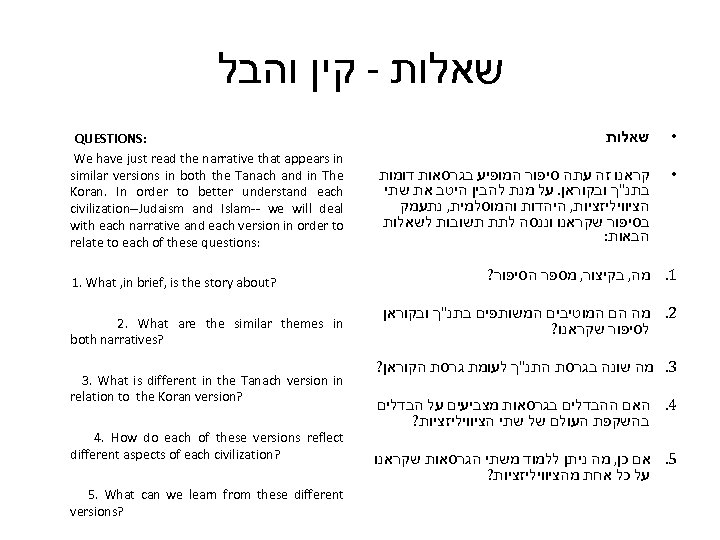  שאלות - קין והבל QUESTIONS: We have just read the narrative that appears