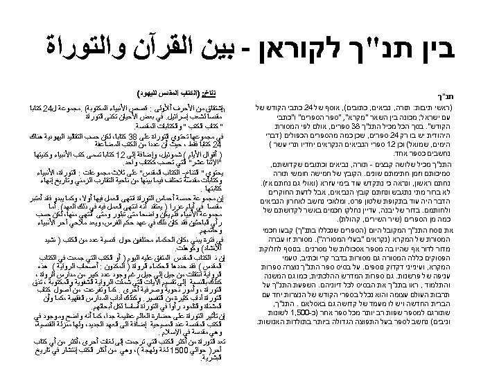  בין תנ"ך לקוראן - ﺑﻴﻦ ﺍﻟﻘﺮآﻦ ﻭﺍﻟﺘﻮﺭﺍﺓ תנ"ך )ראשי תיבות: תורה, נביאים, כתובים(,