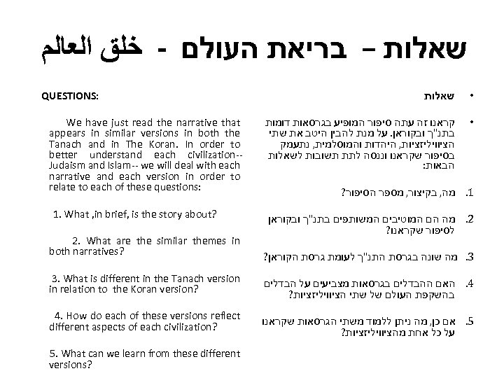  שאלות – בריאת העולם - ﺧﻠﻖ ﺍﻟﻌﺎﻟﻢ QUESTIONS: We have just read the