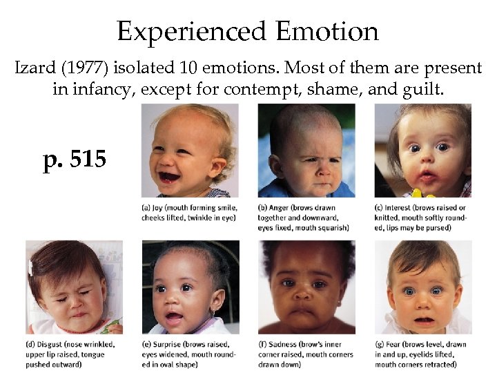 Experienced Emotion Izard (1977) isolated 10 emotions. Most of them are present in infancy,