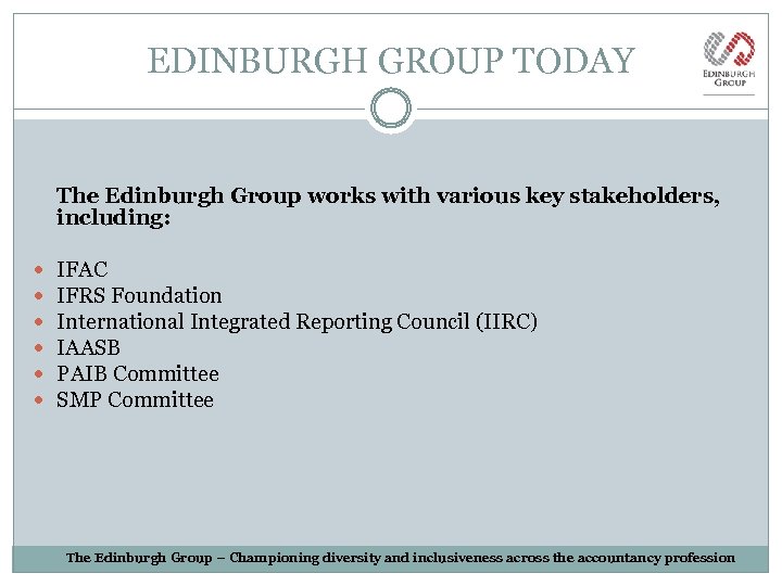 EDINBURGH GROUP TODAY The Edinburgh Group works with various key stakeholders, including: IFAC IFRS