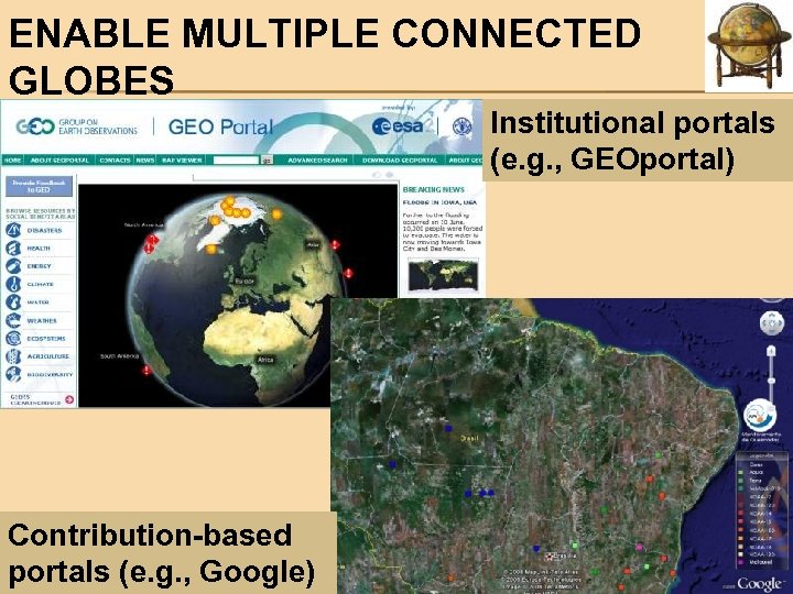 ENABLE MULTIPLE CONNECTED GLOBES Institutional portals (e. g. , GEOportal) Contribution-based portals (e. g.