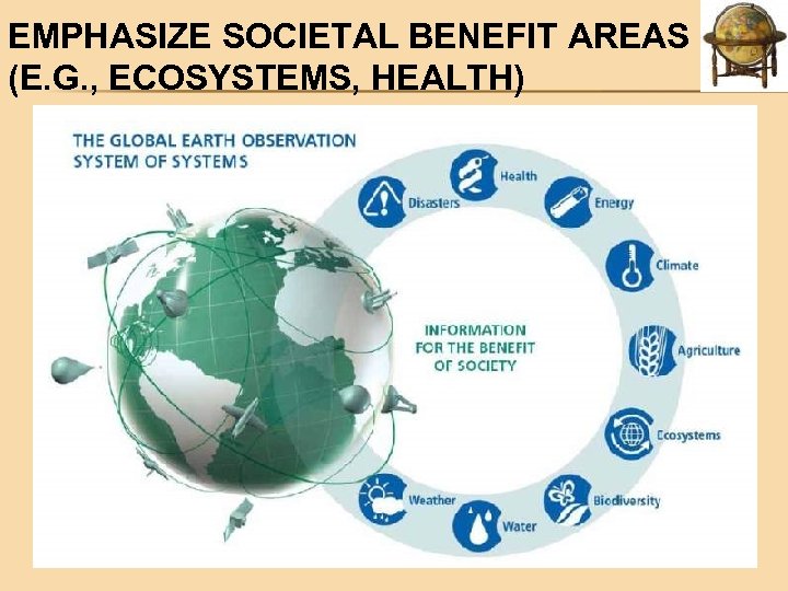 EMPHASIZE SOCIETAL BENEFIT AREAS (E. G. , ECOSYSTEMS, HEALTH) 