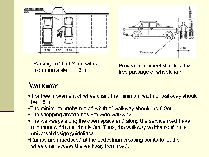 Parking width of 2. 5 m with a common aisle of 1. 2 m