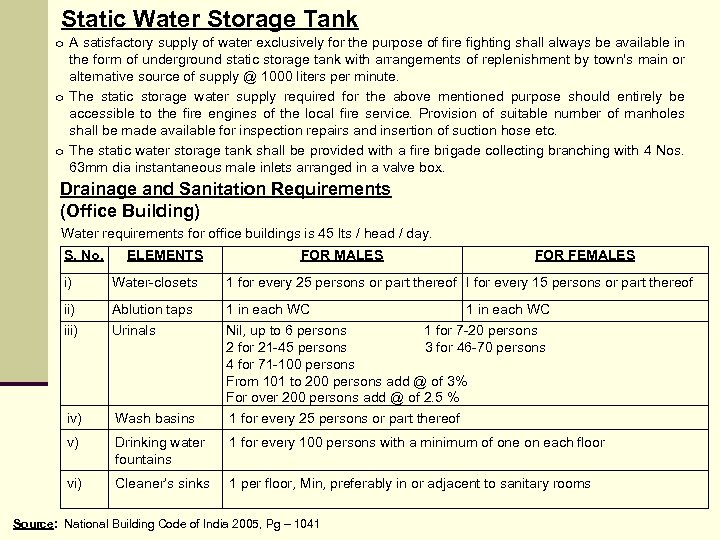 Static Water Storage Tank o A satisfactory supply of water exclusively for the purpose